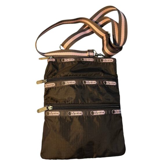 LeSportsac Classic Triple-Zip Crossbody Bag – Brown & Pink Stripe – 9.25” x 7.5” - Picture 2 of 6